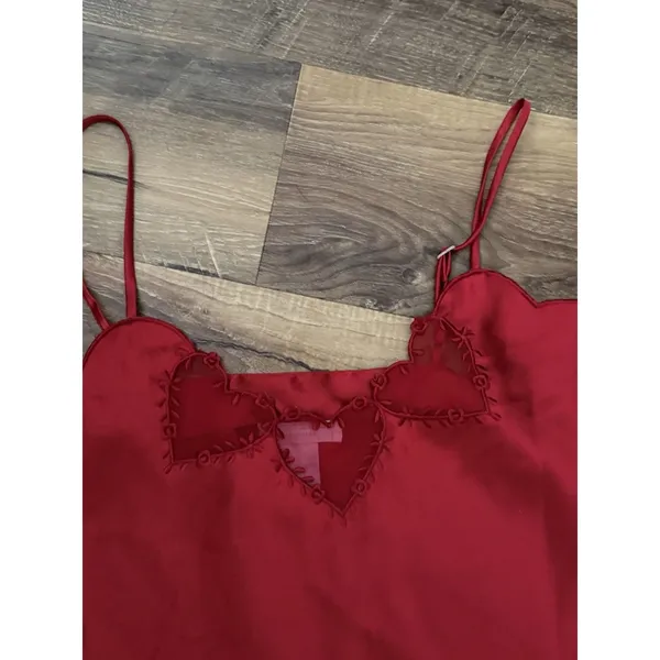 Retro Mystique Red Satin Heart Sheer Pajama Set Y2K Small Camisole Shorts‎ - Image 3