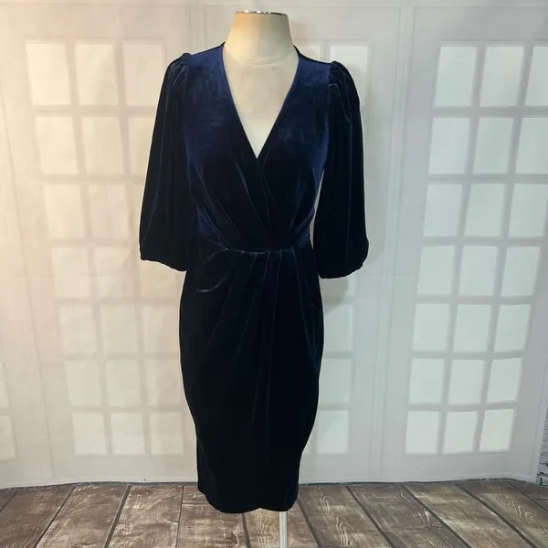 Lucy Paris Blue Velvet Puff Sleeve Surplice Neck Pleated True Wrap Dress Size XS - Image 2