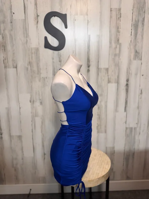 B. Darlin Royal Blue Ruched Side Drawstring Mini Dress Womens Size Small Open Ba - Image 2