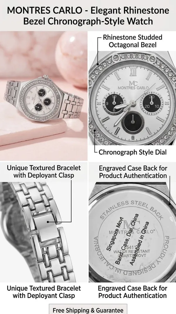Montres Carlo Rhinestone Bezel Chronograph-Style Watch Silver Tone - Image 2