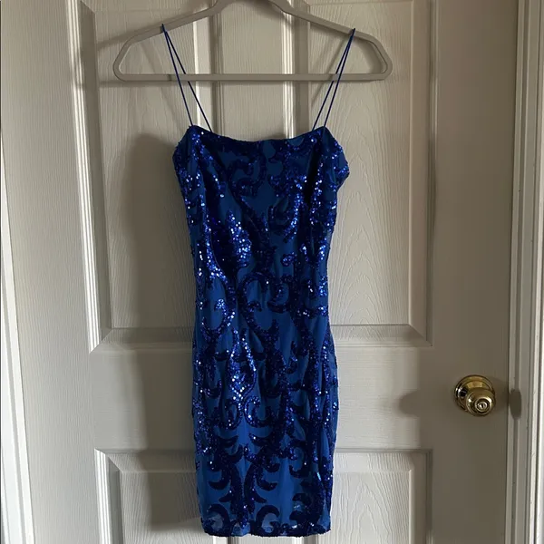Windsor‎ Blue Sequin Mesh Stretchy Prom Homecoming Mini Dress Size XS - Image 4