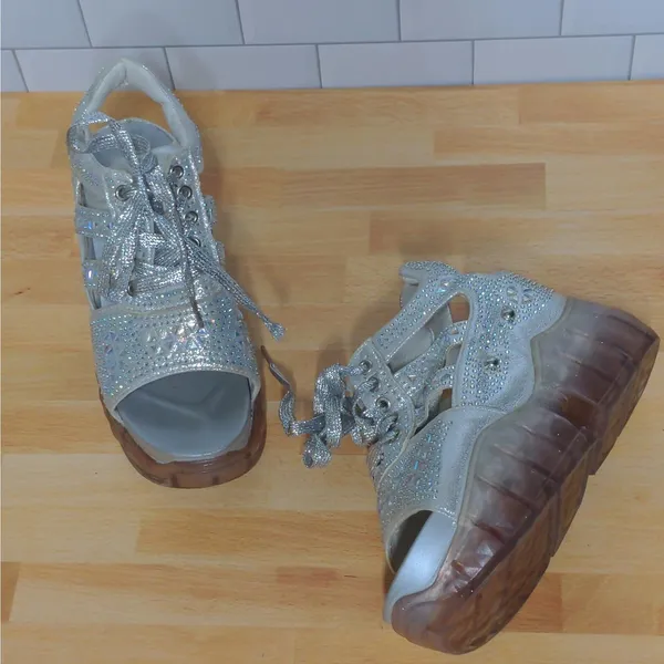 Anthony Wang Platform Sandals Silver Cutout Bedazzled Wedge Y2K 35 (US 4-4.5) - Image 14