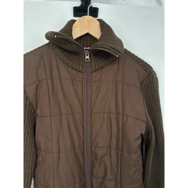 Y2K Ribbed Quilted Full Zip Jacket‎ Stand Collar Chocolate Brown Rachel Green L - Image 2