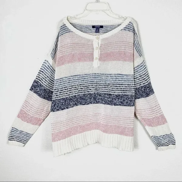 Chaps Pink & Blue Striped Henley Sweater - Image 5