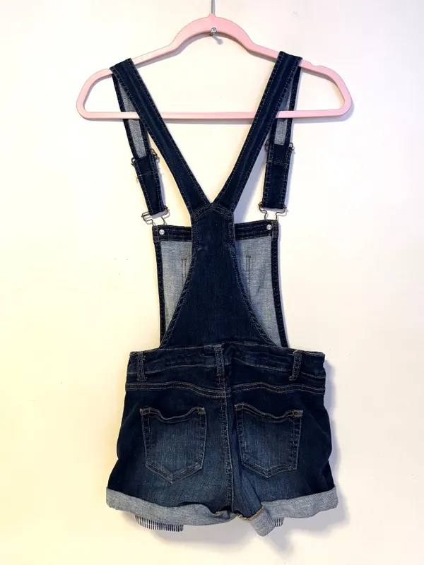 Wax Jean Distressed Denim Adjustable Overall Shorts Dark Blue Womens Size Small - Image 2