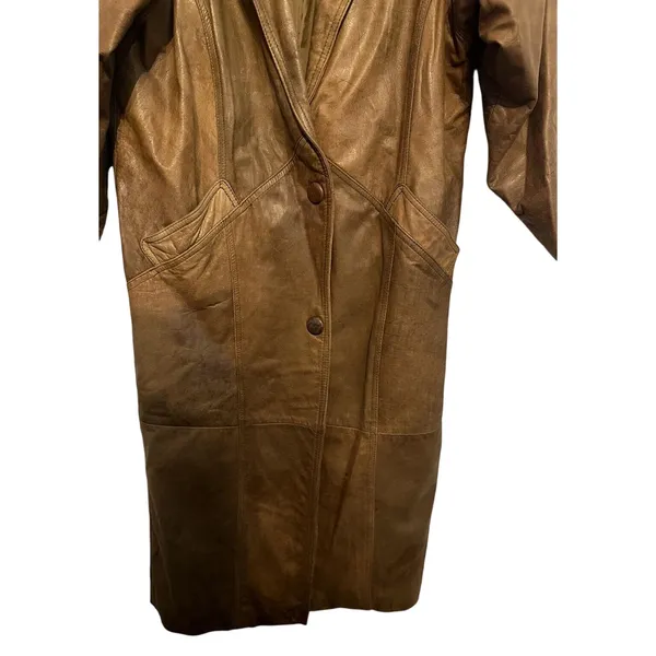 Women's Leather Trench Coat Laurice Vintage 80-90s Brown Pads Size Small Korea - Image 4