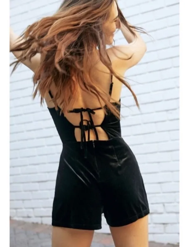 Urban Outfitters Black Velvet Strappy Back Romper Size XS - Image 2