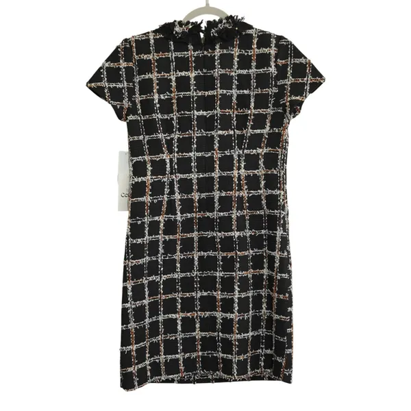 CeCe Size 2 Black Plaid Tweed Shift Dress Bow Neck Fringe NWT Career Chic‎ City - Image 9