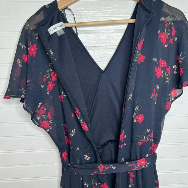 Calvin Klein Women's Floral V-Neck Dress Blue Size 2 Tie Waist Short Sleeve - Image 9