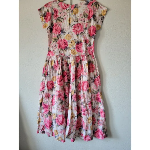 Vintage STARINA Floral Cottage Core Dress SZ M Pink Rose Button Front & Pockets - Image 5