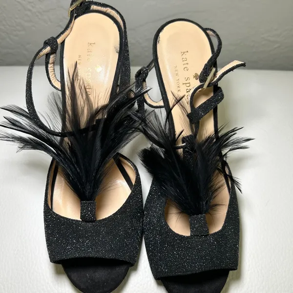 Kate Spade‎ Glitter Feather Black Open Toe Slingback Pumps Heels Size 7 - Image 3