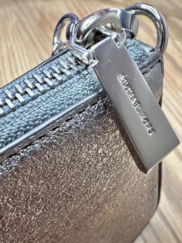 Michael Kors Pouchette Wrislet Gunmetal Metallic Leather Silver Chain Strap - Image 6