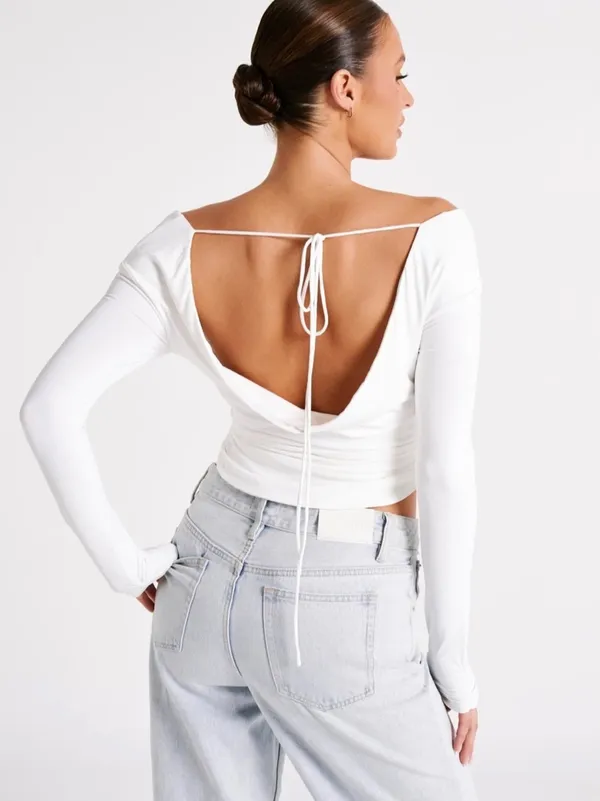 Nwot Meshki long sleeve open back drape blouse top summer classic casual $98 L - Image 2