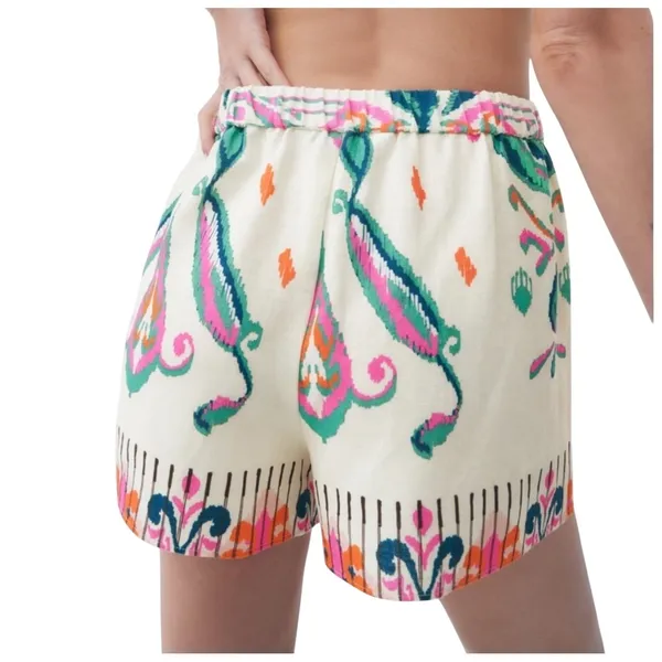 Zara Linen Print Shorts Boho Pom Pom‎ Drawstring Waist Casual Summer XS - Image 2