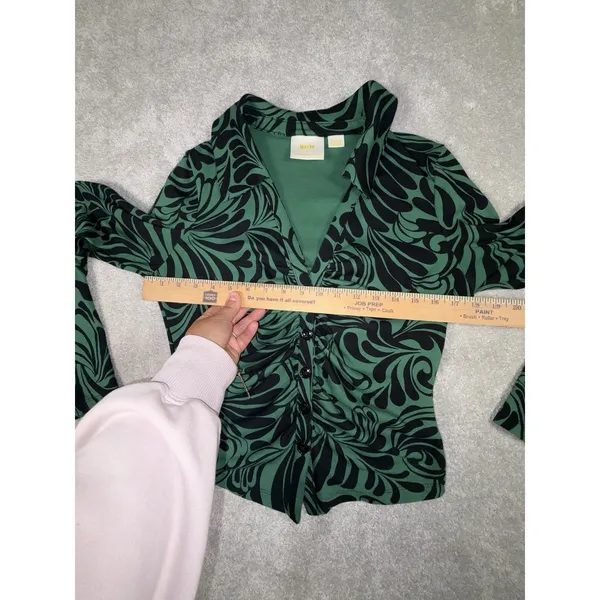 maeve anthropologie top Black‎ Green Ruched Button Front Medium Long Sleeve - Image 4