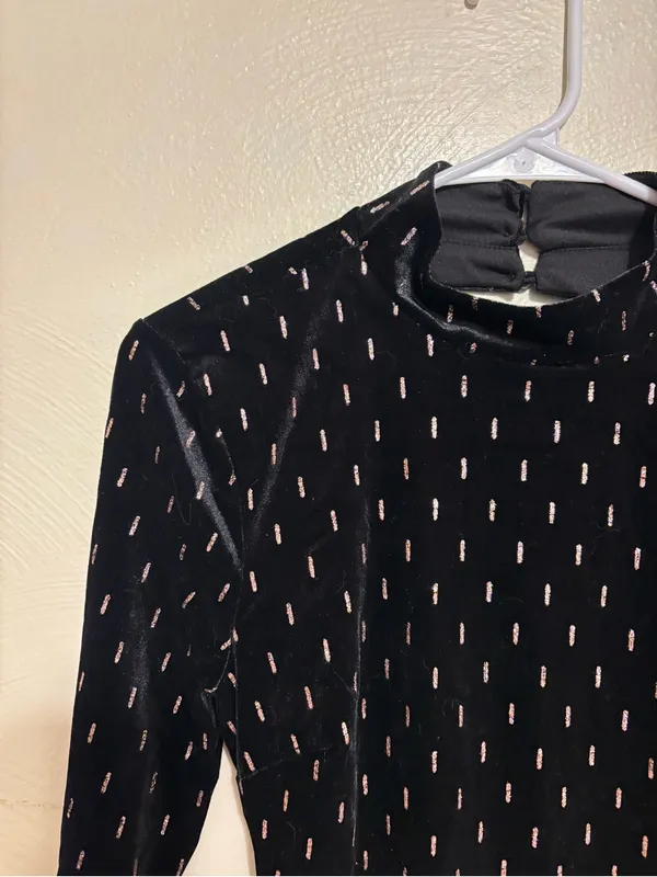 Emerald Sundae Black Velvet Long Sleeve Mini Dress with Silver Dot Detail - Image 6