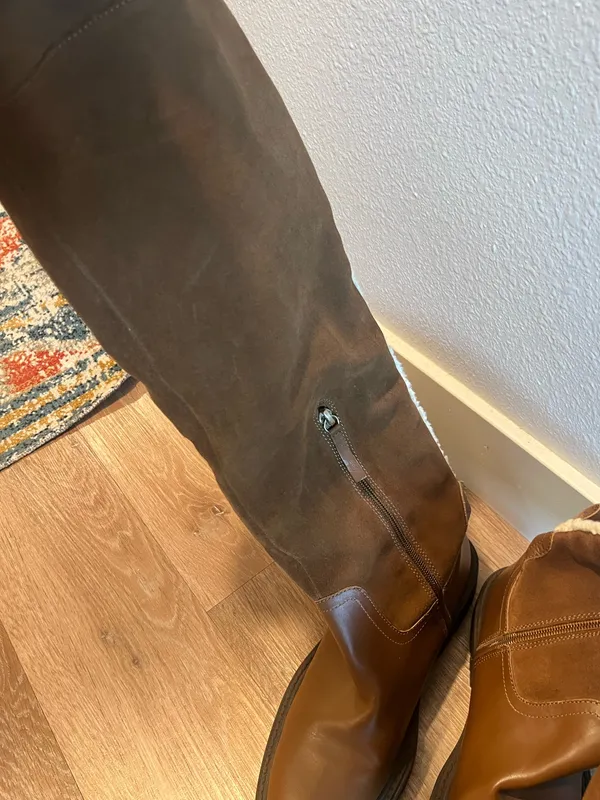 Zara Brown Cognac Chestnut Leather Suede Shearling Over the Knee High Tall Boots - Image 7