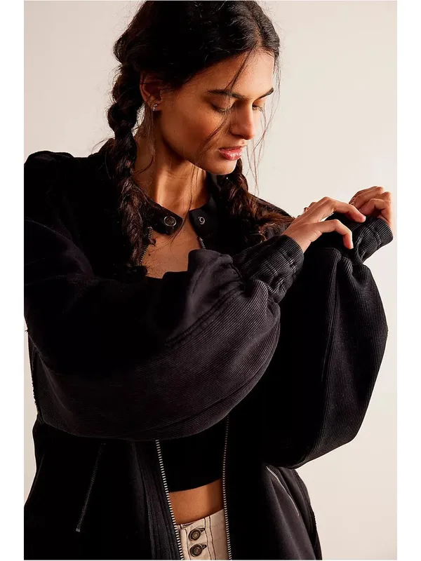 Free People Lou Moto Zip Jacket Sweatshirt Size XS Black Oversized Slouchy - Image 2