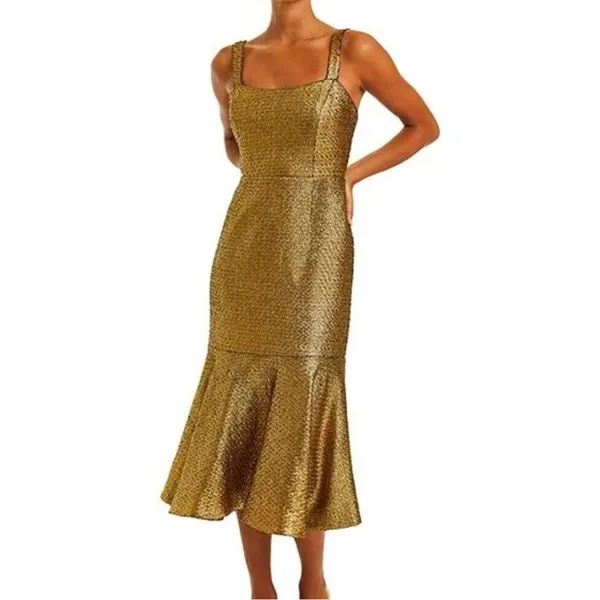 Mestiza New York Jody Metallic Gold Tweed‎ Square Neck Flutter Hem Midi Dress 2 - Image 16