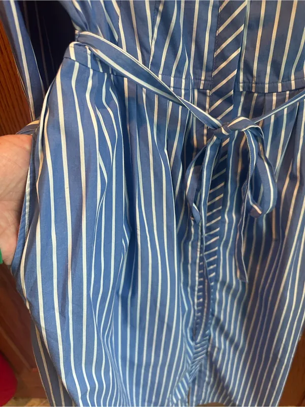 Free Assembly Blue Stripe Pleated Cotton Midi Shirtdress Long Sleeves Sz 12-14 - Image 5