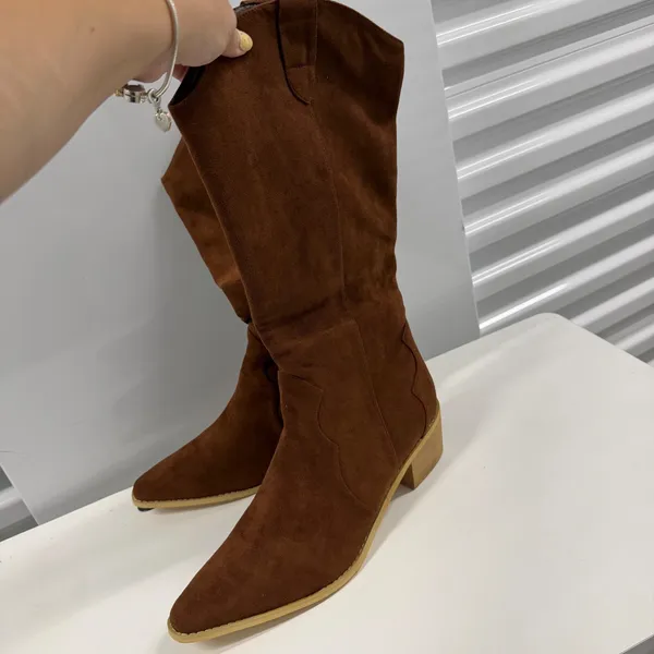 Brown Faux Suede Western Cowboy Boots Pointed Toe Side Zip Block Heel Size 44-12 - Image 2