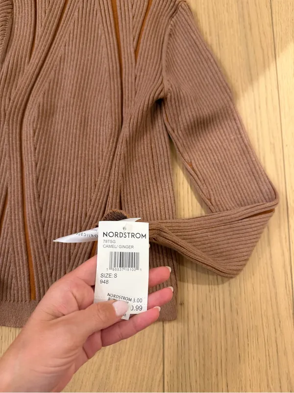 Nordstrom Taupe Ribbed Mock Neck Sweater with Rust Accent Stripes - Image 2