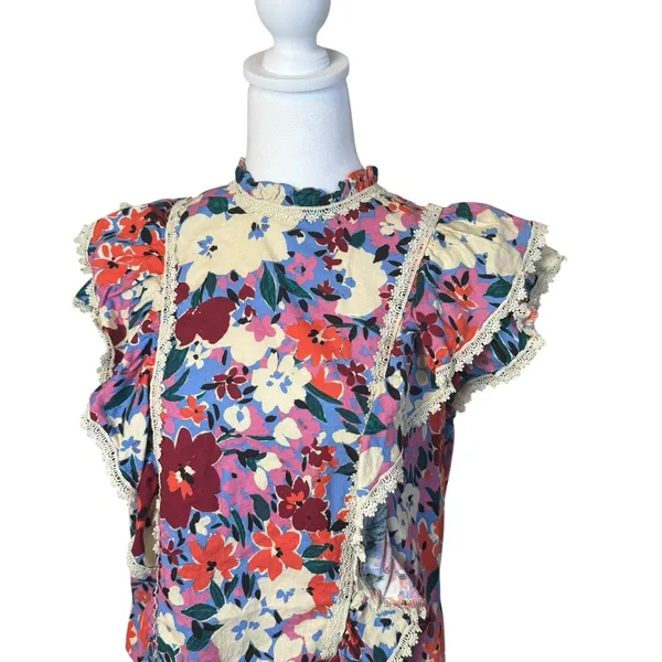 Karlie Floral Ruffle Top Large Multicolor Linen Blend Flutter Sleeve Lace Trim‎ - Image 2