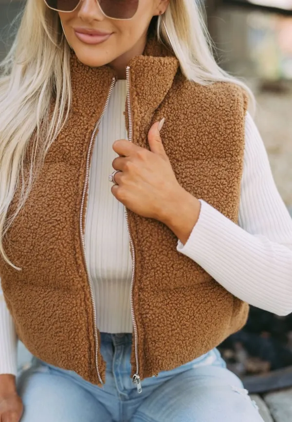 These Three Boutique Shearling Puffer Vest Brown - Image 4