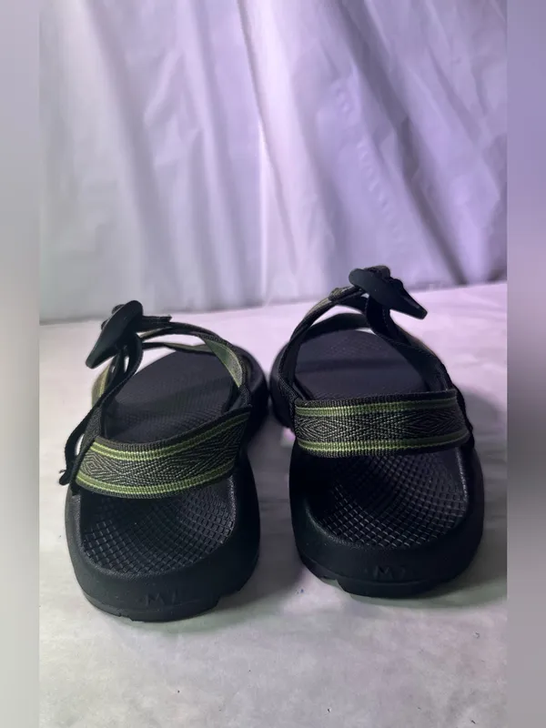 Chacos Black Sandal with Olive and Tan Striped Webbing - Image 8