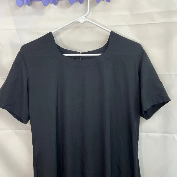 Vintage women's black scoop‎ neck short sleeve casual modest kurta slit dress L - Image 2