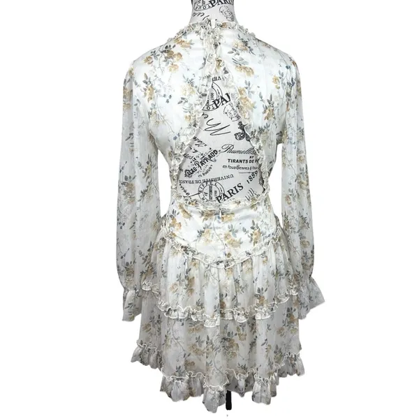 Bitter Sweet Ivory Floral Mini Dress M Surplice Ruffle Long Sleeve Boho Romantic - Image 3