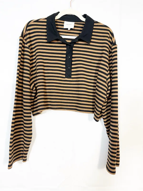 Reformation Anna Rugby Shirt Black And Tan Stripe Extra Large Crop Polo Sporty - Image 2