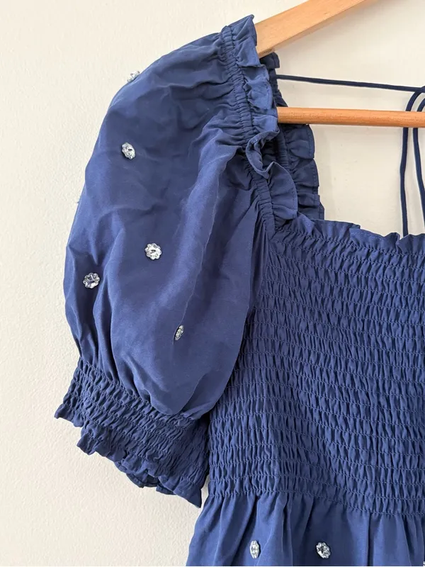 Hill House Home Jewel Jammy Top Navy Blue Smocked Peplum Puff Sleeve Size M - Image 5