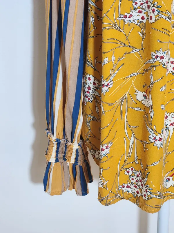 Gigio Mustard Yellow Boho Peasant Blouse Floral and Stripe Print Size Large - Image 6