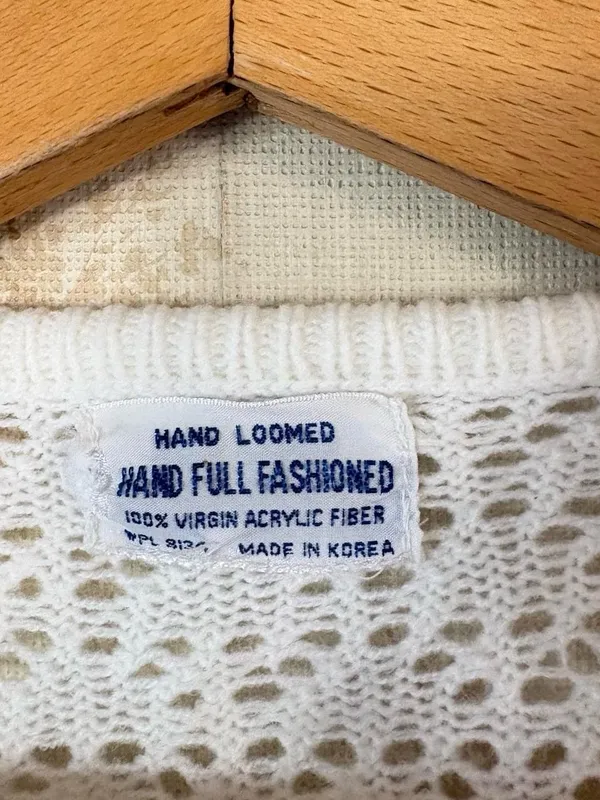 Vintage 60s 70s Hand Loomed White Pointelle Knit Tie Neck Sweater - Image 5