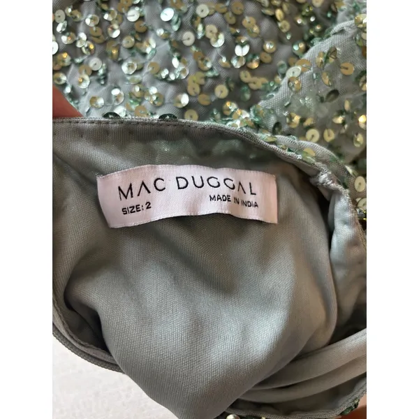 NWT $398 Mac Duggal Sequin‎ Midi Dress 2 Sage Green Flutter Sleeve Trumpet 10801 - Image 4