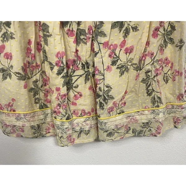 Hazel Strapless Floral Sundress Yellow Pink Green L 100% Cotton Lace Bow Ruffle - Image 2