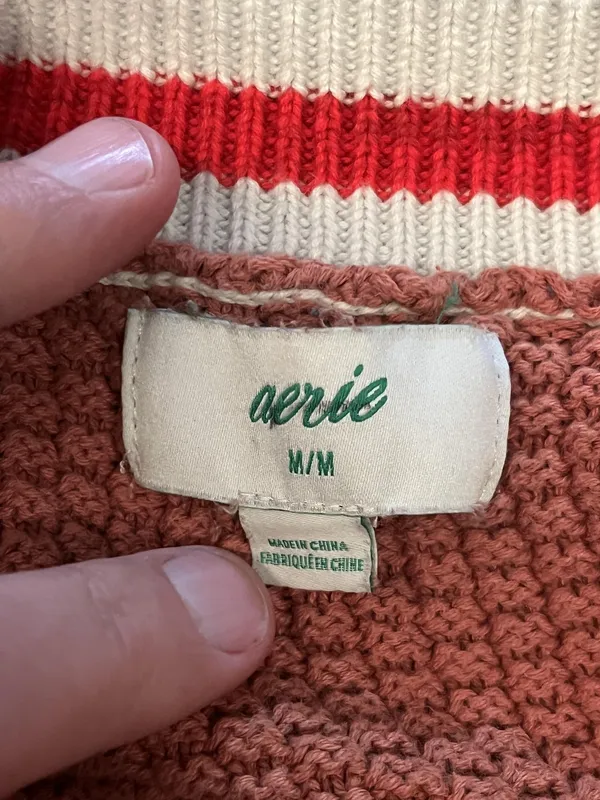 Aerie Cardigan Sweater Womens Medium Brown Waffle Knit V Neck Varsity 06 Pockets - Image 7