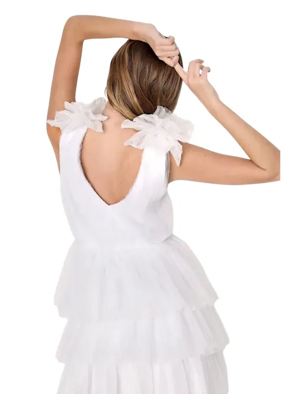 Sz L Lulus Dramatic Arrival White Tulle Tiered Surplice Mini Dress - Image 3