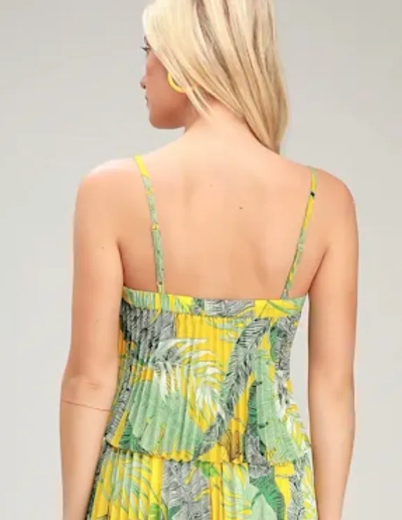 Lulus Chase the Sun Yellow Tropical Print Pleated Crop Top - M - Image 5