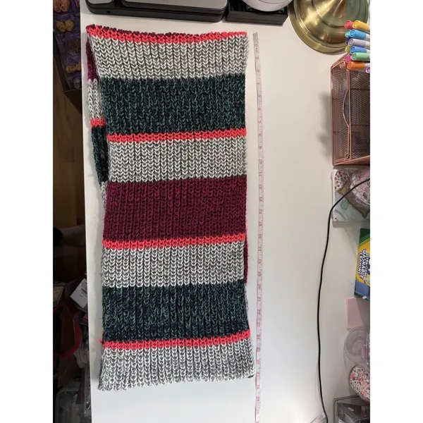 American Eagle Striped Infinity‎ Scarf Chunky Ribbed Knit Burgundy Grey Pink OS - Image 3