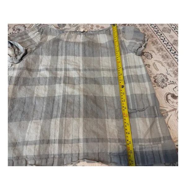 Eileen Fisher Short Sleeve Organic Cotton Blend Top Gray Plaid Size Medium - Image 3