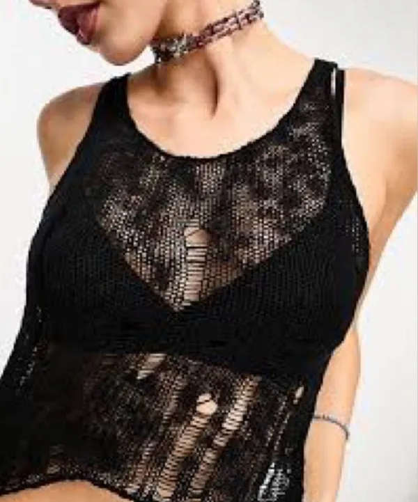 COLLUSION laddered open hole knit tank top in black - Image 4