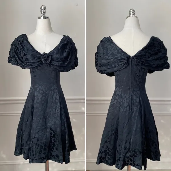 Vintage 80s 90s Off Shoulder Jacquard Short Dress Goth Black Green XS - Image 2