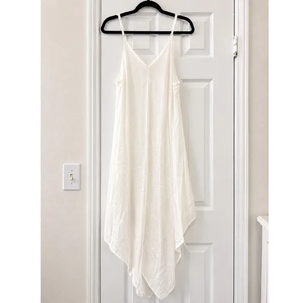 Elan White Sheer Asymmetric Handkerchief Hem Slip Dress Boho Resort Midi Medium - Image 2