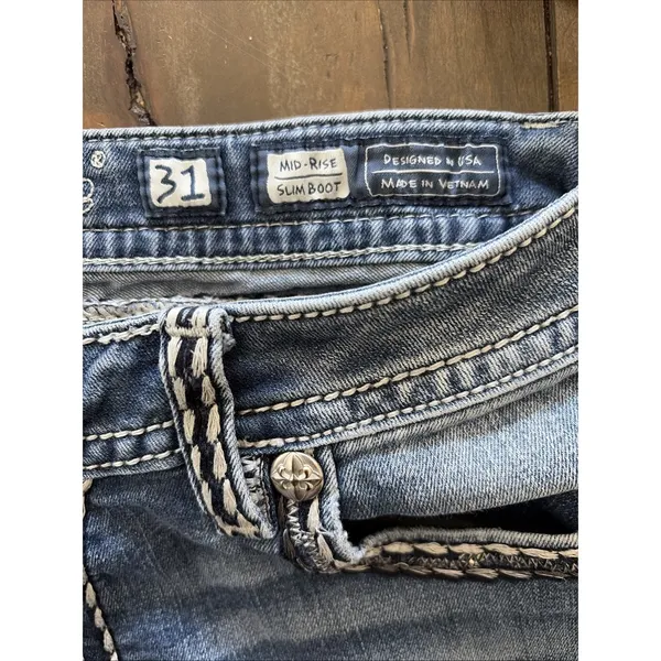 Miss Me Mid Rise Slim Bootcut Womens Size 31 Blue Jeans Y2K Embellished Denim - Image 4