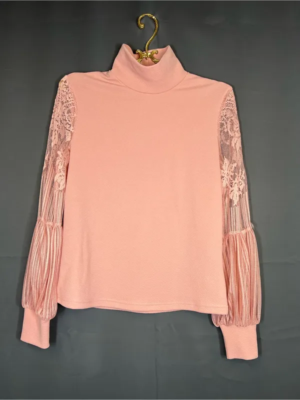 SHEIN Dusty Rose Lace Balloon Sleeve Turtleneck Blouse Size S - Image 3
