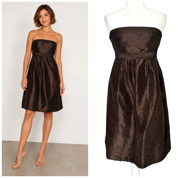 J Crew Strapless‎ Dress 0 XS Brown 100% Silk Satin Lined Babydoll Empire Waist - Image 2