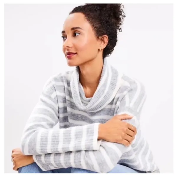 $75 LOFT - tunic style turtleneck sweater, gray and cream striped M - Image 2
