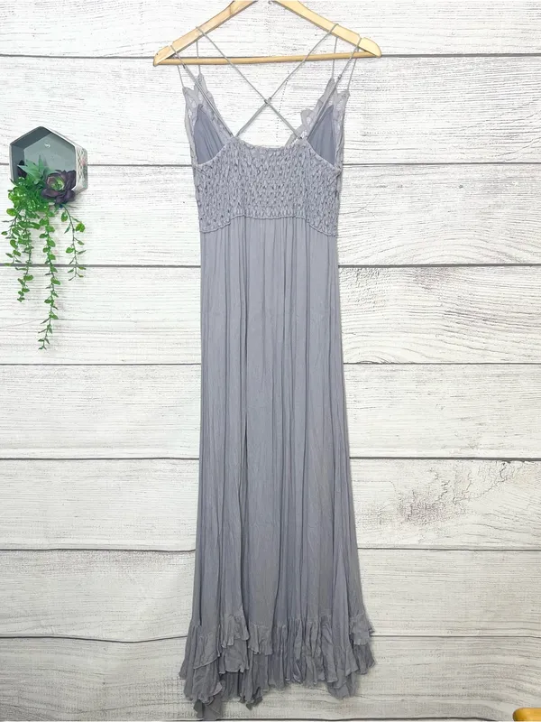Free People Adella Crochet Lace Maxi Slip Dress in Light Gray Size Medium - Image 10